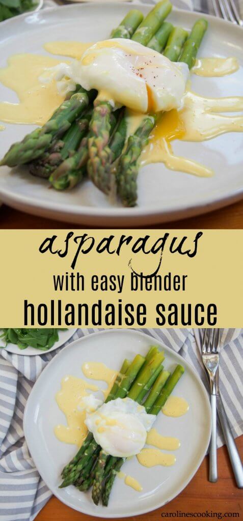 Asparagus with easy blender hollandaise sauce and poached egg makes an easy and delicious breakfast/brunch or lunch. Full of the tastes of spring, it's light but feels that bit indulgent. #asparagus #brunch #hollandaise #vegetarian
