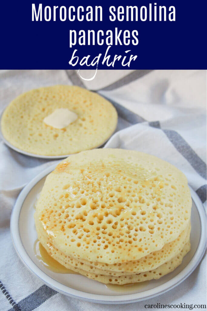 Baghrir are Moroccan semolina pancakes that are wonderfully light and fluffy. The many holes on top are perfect for holding the traditional honey butter topping (or whatever you choose to serve with them).