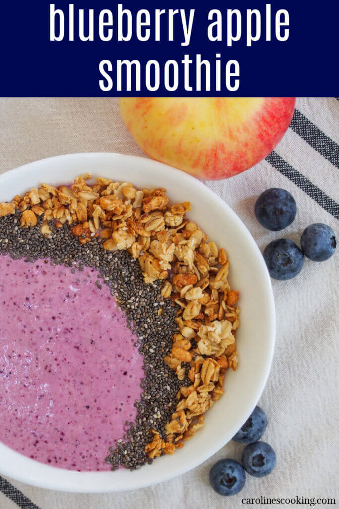 This blueberry apple smoothie bowl is so easy to make with a delicious mix of fruity flavors, smooth yogurt and a bit of depth from the oats. Especially topped with granola as a bowl, it's almost like a chilled, liquid crumble! Perfect for breakfast, as a pick me up or whenever you choose.