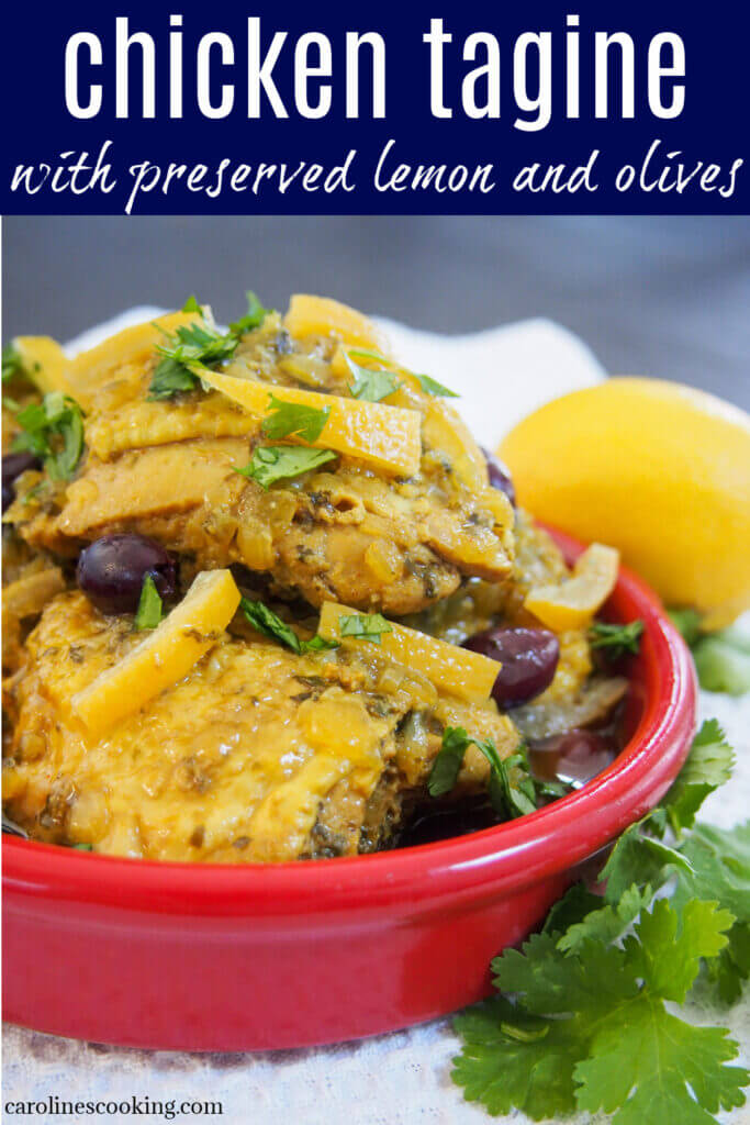 This chicken tagine with preserved lemons and olives is a Moroccan classic. This version has lots of wonderful herb flavors along with the bright lemon and olives. Comforting, fresh and delicious.
