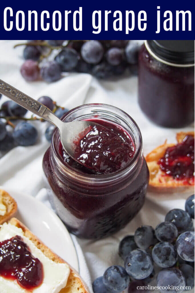 This Concord grape jam is easy to make, with no pectin, and has a wonderfully vibrant flavor and color and luscious texture. Perfect for toast, with cheese and to bake with.
