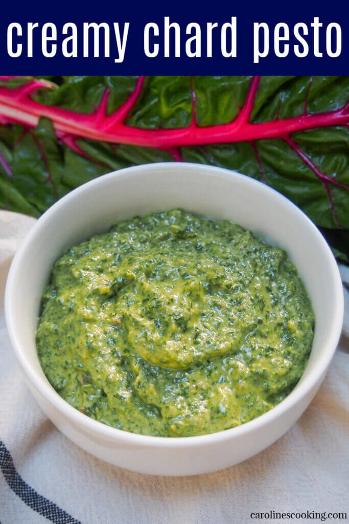 This creamy chard pesto makes a tasty twist on your usual pesto. It starts with the same base of greens, nuts and parmesan, but then has added creaminess and fresh lemon for a bright, luscious sauce. Versatile and delicious.