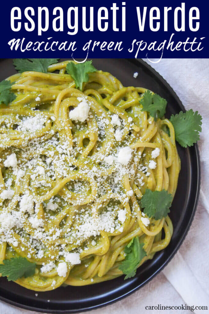 Espagueti verde is a Mexican green pasta dish that combines roasted poblano peppers, Mexican crema and a few additions into a bright, creamy sauce. Easy, flavorful and great as a side or main.