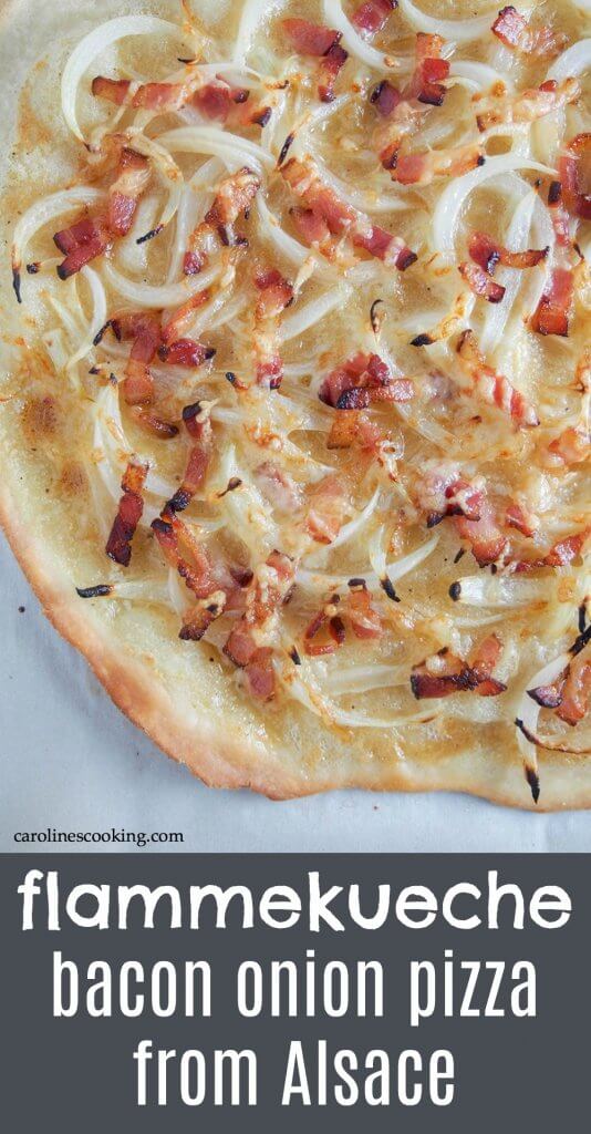 Flammekueche is essentially a bacon onion flatbread/pizza. It may seem like only a few ingredients, but they are transformed into a truly delicious dish you'll instantly love! #bacononionpizza #pizza #bacon #alsace