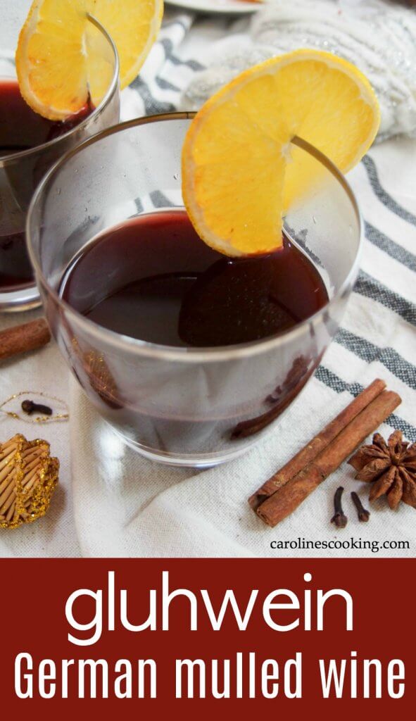 Gluhwein, German mulled wine, is a gently sweet, warmly spiced drink as found at German Christmas markets. It's perfect for sharing and to warm you up on a cold day. #mulledwine #cocktail #warmbeverage
