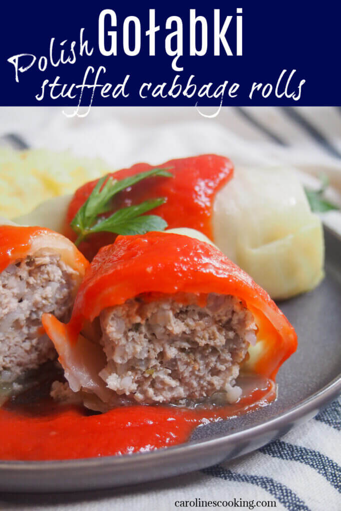 Golabki, Polish stuffed cabbage rolls, are filled with a tasty mix of meat, rice and aromatics and served with a tomato sauce. It's pure comfort food, and perfect for colder days.