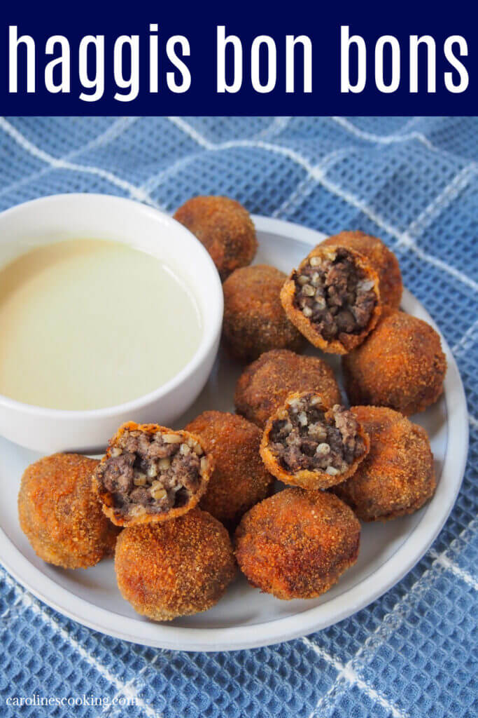Haggis bon bons are essentially breaded balls of haggis, but the combination of crisp outside and softer, meaty inside makes them a delicious finger food appetizer. Easy & a great haggis introduction.