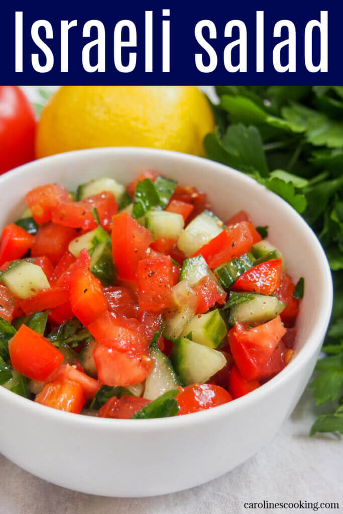 Israeli salad is an incredibly simple combination that's deliciously fresh. It's an iconic tomato cucumber salad that you'll find everywhere in Israel from alongside breakfast to in your pita with warm falafel. It's similar to other crunchy chopped salads in the region and perfect as a side to so many dishes.