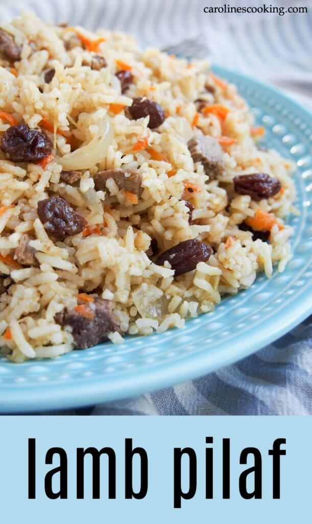 This delicious lamb pilaf, based on the traditional Afghan/Uzbek dish, is an easy, one pot meal but packed with flavor. Great for leftover roast lamb. #lambpilaf #leftoverlamb #lambandrice