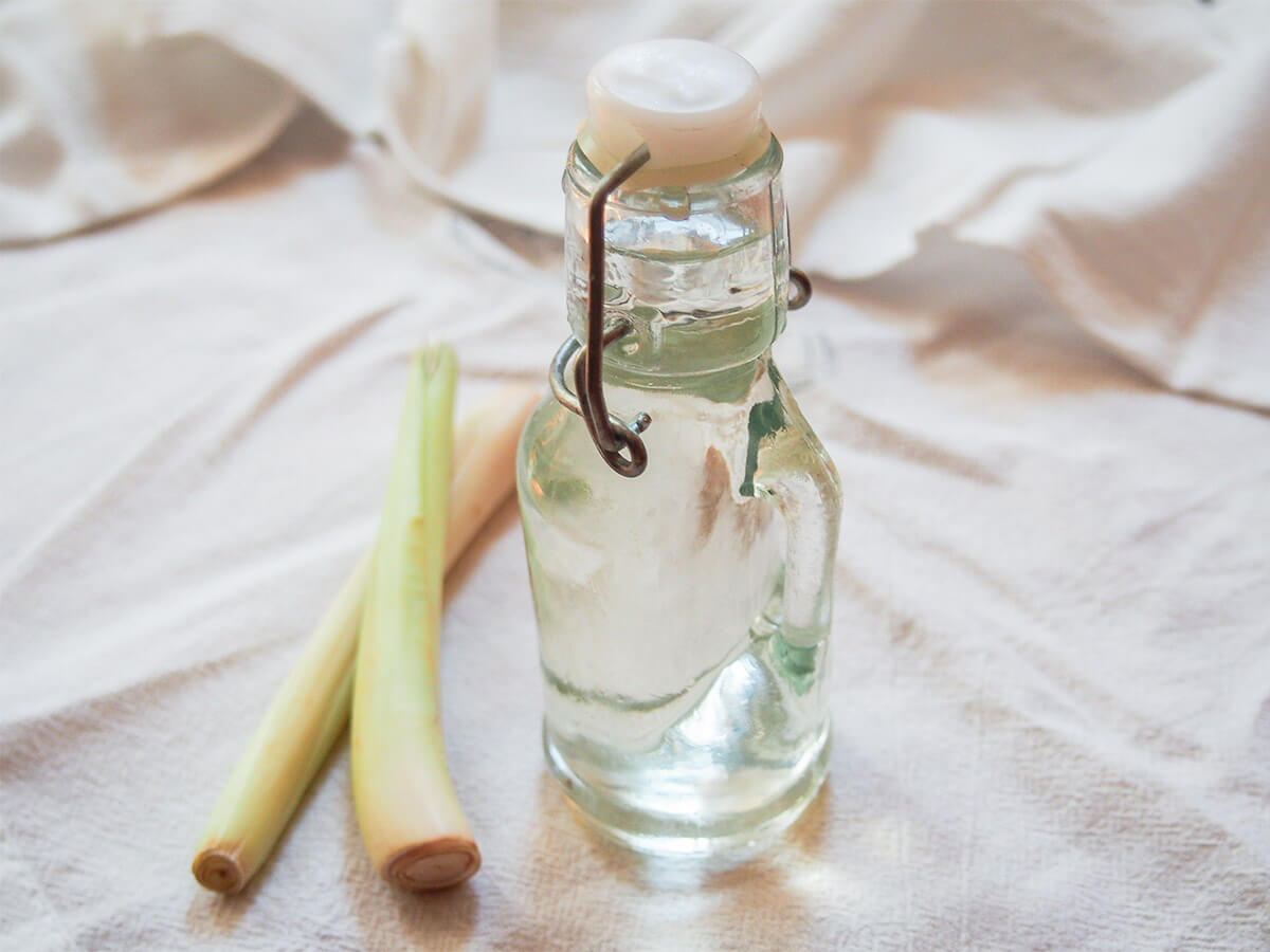 small bottle of lemongrass syrup with lemongrass stalks to side