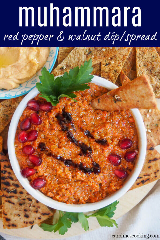Muhammara is a delicious Middle Eastern dip/spread made with red pepper and walnuts. Easy to make, versatile and packed with great flavor.
