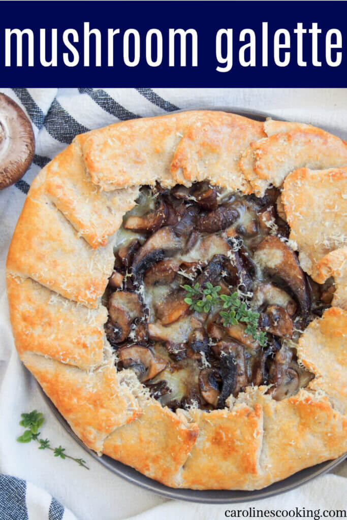 This mushroom galette is a delicious savory tart, with some garlic, thyme and fontina cheese adding flavor to the earthy mushroom filling. It makes a great light lunch, or bulk it out for a meatless meal. #mushroomtart #vegetariantart #galette #mushrooms