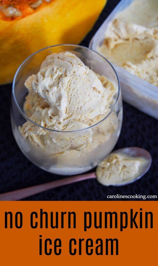 This no churn pumpkin ice cream is a wonderful combination of real pumpkin, a little warm spice and a wonderfully creamy base. It's really easy to make and perfect for those warmer fall days, or any excuse. #pumpkin #icecream #nochurnicecream