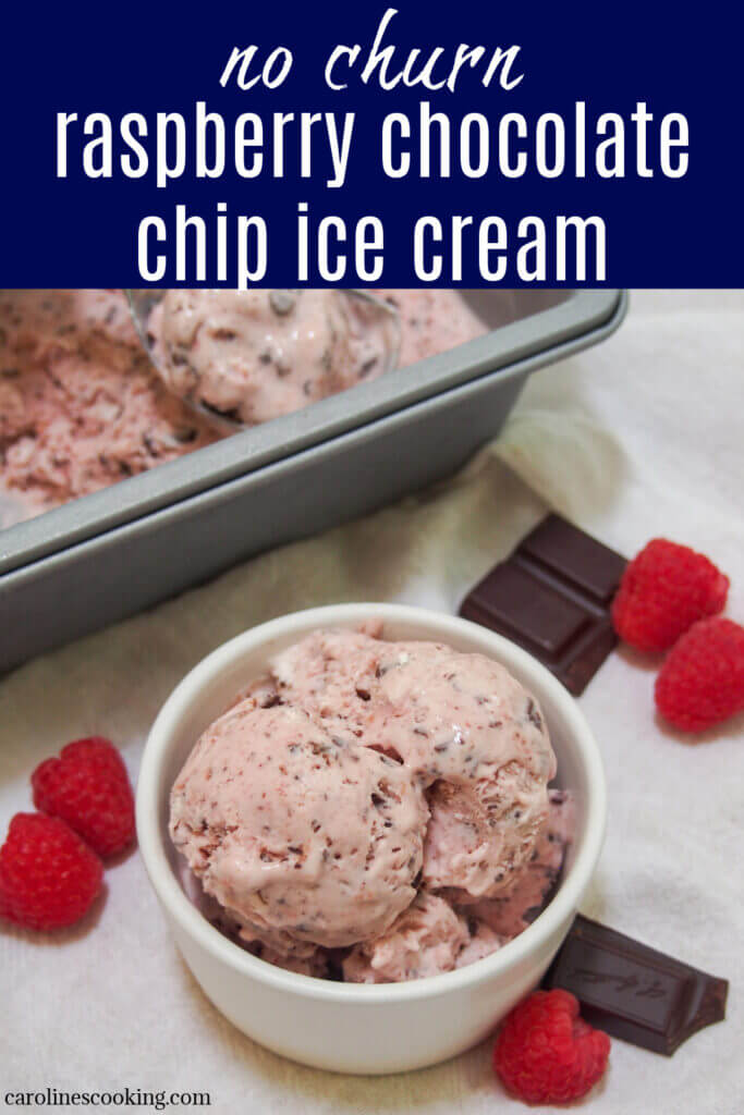 This no churn raspberry chocolate chip ice cream is a delicious mix of sweet creaminess, gently tart fruit flavor and bursts of crunchy rich chocolate. So tasty, easy to make and the perfect way to cool down.