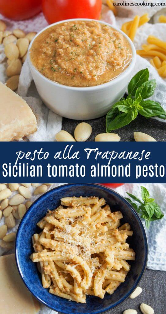 Pesto alla Trapanese is a Sicilian sauce made with almonds and raw tomato. It's fresh, bright and so easy to make. It makes a wonderful quick and simple pasta meal, perfect for summer. #pasta #sauce #italianfood #tomato