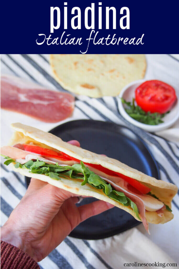 A piadina is a thin Italian flatbread that you often fold to make a sandwich. They're easy to make, and have a lovely soft, gently chewy texture that's perfect with simple fillings like prosciutto, mozzarella and more. 
