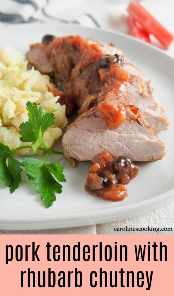This pork tenderloin with rhubarb chutney is an elegant and easy meal. The delicious sweet-savory flavors of the chutney pair perfectly with tender pork for a quick main, perfect any night. #pork #rhubarb
