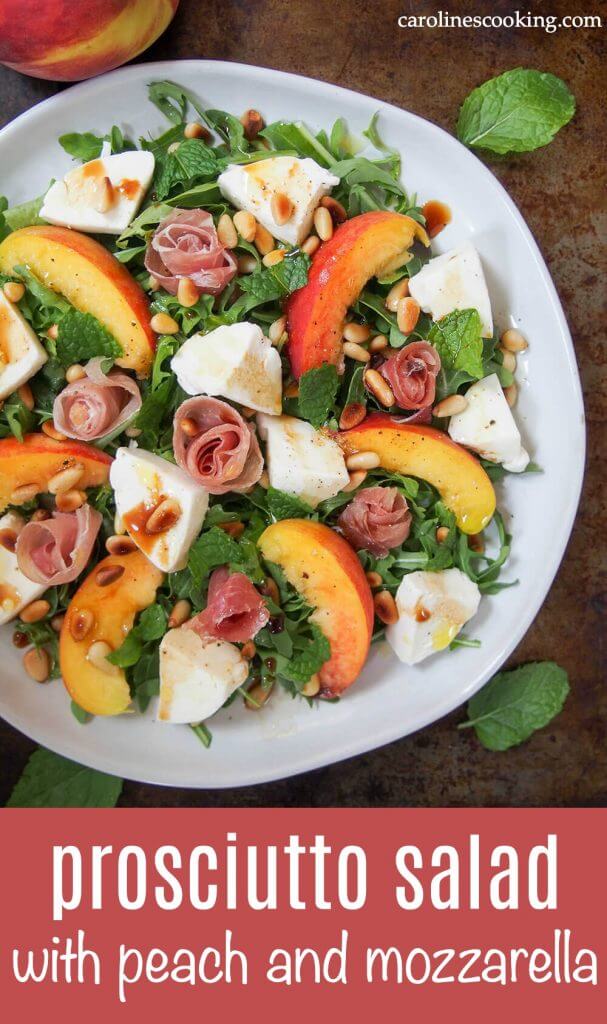 This prosciutto salad with peach and mozzarella is an elegant and delicious way to enjoy the fantastic flavors of summer. Better yet, it's easy to make. The only cooking is gently toasting the pine nuts then it's a few chops and assemble. The wonderful ingredients are even better together. #ad #prosciutto #prosciuttodiparma #salad #sumerrecipe #peach #mozzarella