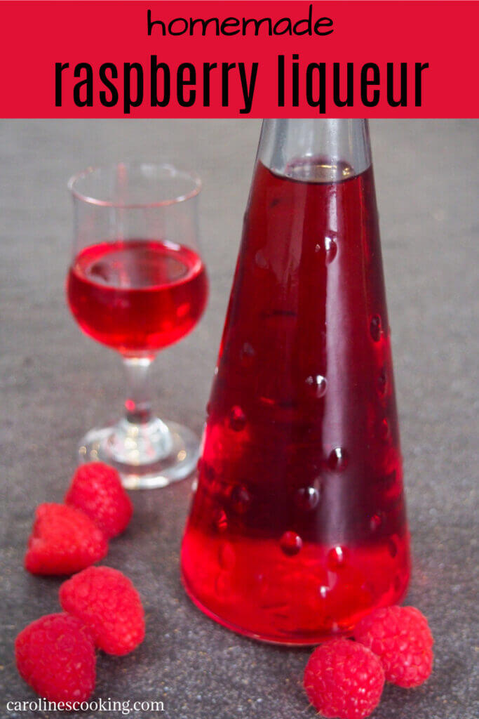This raspberry liqueur is easy to make and is delicious both to sip on as it is, or as an ingredient in cocktails. Its bright flavor and color is worth adding to your home bar soon. #homemadeliqueur #liqueur #raspberry