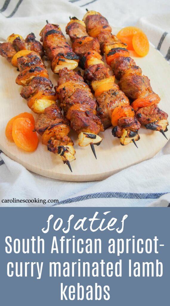 Sosaties are a South African braai (BBQ) classic - the apricot jam-curry marinade on these skewers might sound unusual, but it's so easy and delicious! Here they are made with lamb, but you can also make them with chicken or beef. #lambkebabs #grilledllamb #grillrecipe #marinatedmeat