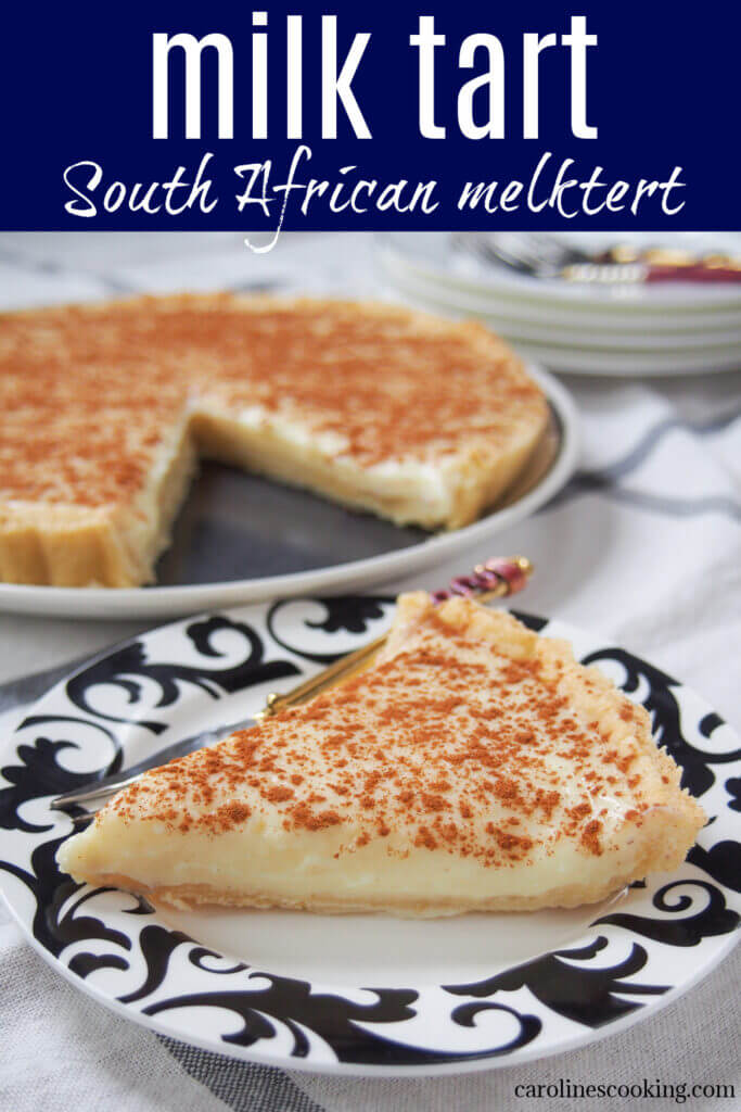 Traditional South African milk tart (melktert) combines a sweet pastry crust with a creamy filling, dusted with cinnamon. It's a bit like a custard tart but lighter. Easy to make, comforting and great for entertaining being made ahead.