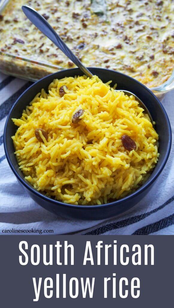 South African yellow rice is an easy and colorful way to brighten up plain rice. It's a classic side to bobotie, but works with many other dishes as well. #sidedish #rice #southafricanfood