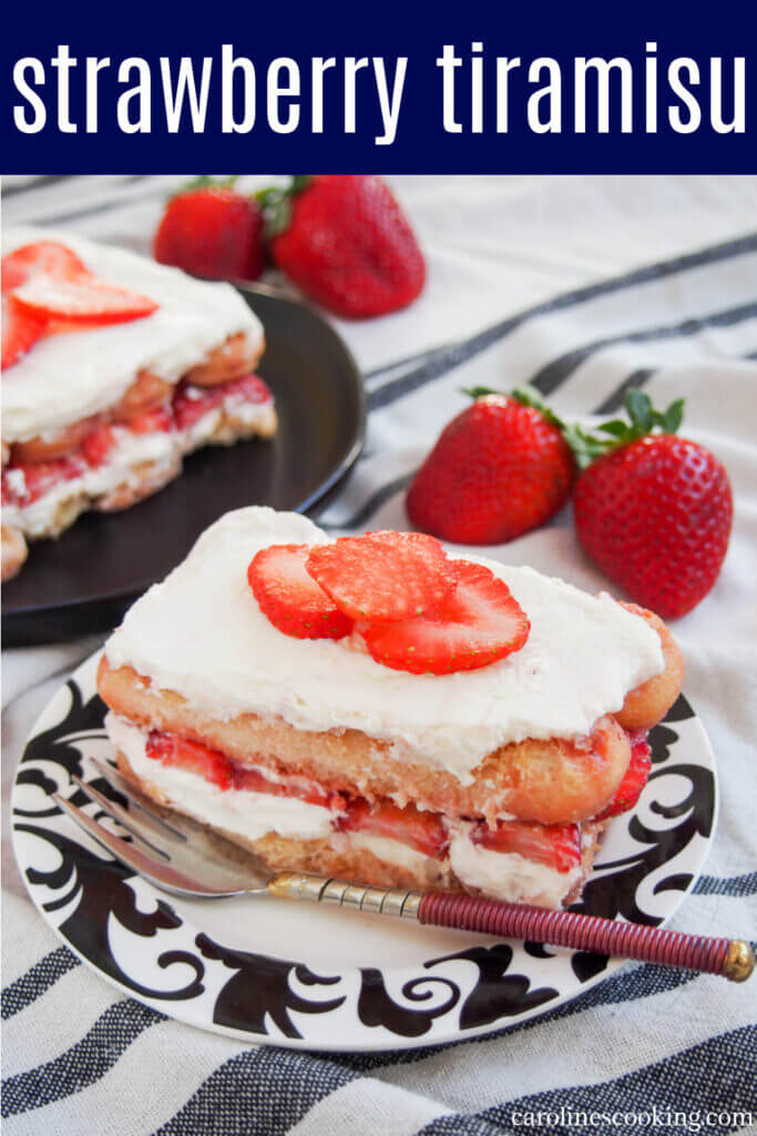Strawberry tiramisu is a fresh and fruity, family-friendly take on the Italian classic dessert. It's easy to make and incredibly easy to enjoy. This version is a little lighter using Greek yogurt rather than cream, but with all the rich creamy flavor you'd expect. A great no bake dessert that's easy to scale up or down as needed. #strawberry #dessert #nobakedessert