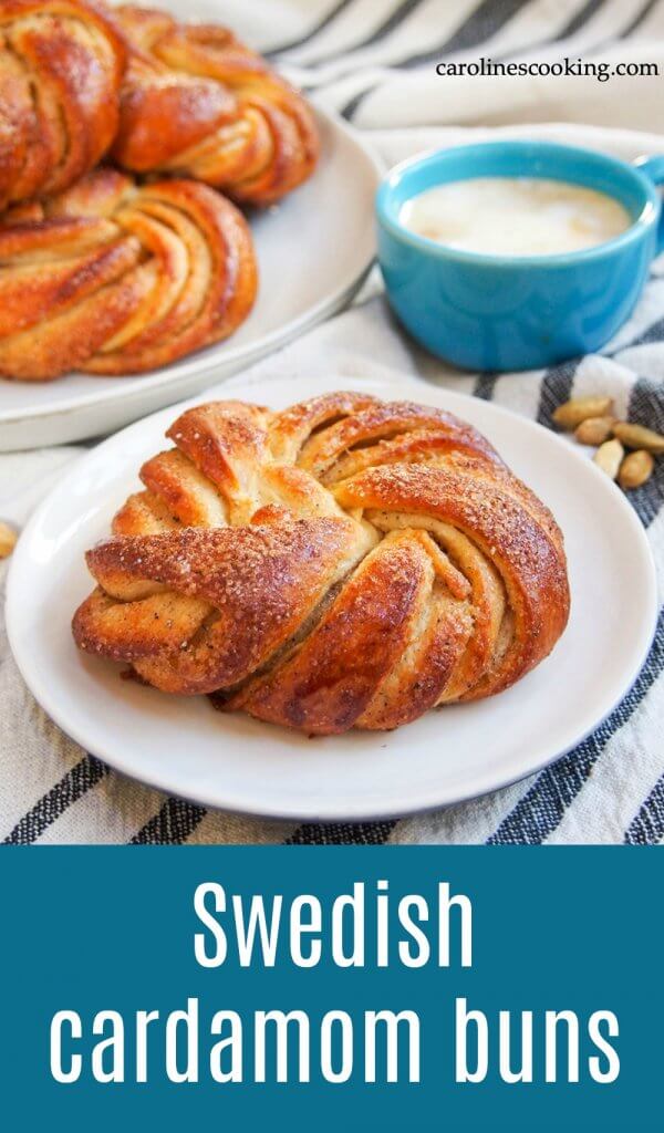 Swedish cardamom buns are like a cross between a cinnamon roll and a pull apart bread. They're light, packed with delicious flavor, and a beautiful addition to any brunch or coffee table. #baking #cardamom #bread #brunch ‎