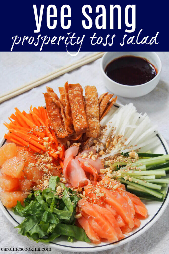Yee sang Chinese salad is commonly eaten for Chinese New Year in a number of Chinese communities around the world. It might start looking pretty, but the vegetables, fried wontons & sometimes sashimi salmon are tossed together. Fun & tasty!
